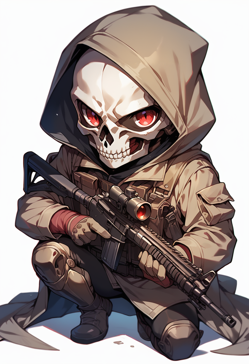 (score_9, score_8_up), score_7_up, chibi, cute, red eyes, simple background, red eyes, gloves, 1boy, white background, holding, weapon, male focus, hood, holding weapon, gun, mask, squatting, holding gun, cloak, rifle, skull, pouch, assault rifle, one knee, skeleton, trench coat, skull mask
<lora:warcore-000011:0.9>