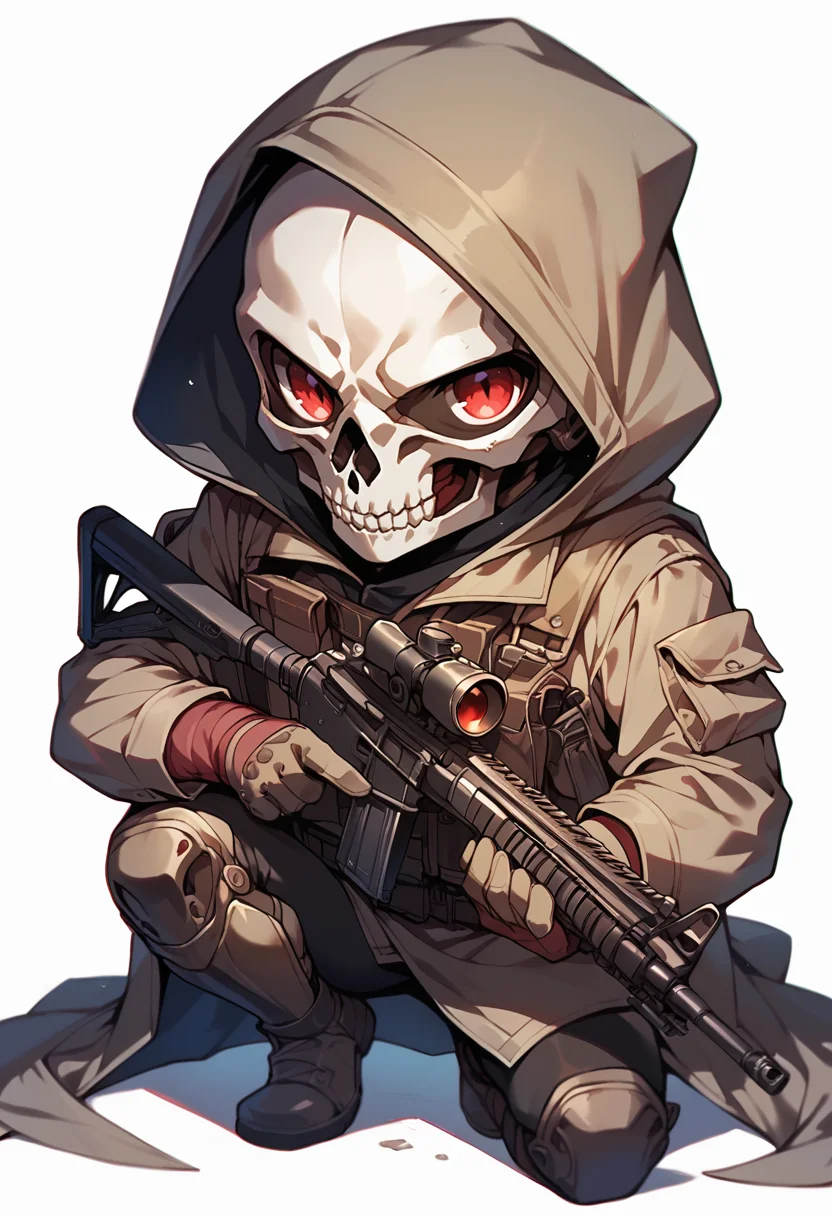 (score_9, score_8_up), score_7_up, chibi, cute, red eyes, simple background, red eyes, gloves, 1boy, white background, holding, weapon, male focus, hood, holding weapon, gun, mask, squatting, holding gun, cloak, rifle, skull, pouch, assault rifle, one knee, skeleton, trench coat, skull mask
<lora:warcore-000011:0.9>