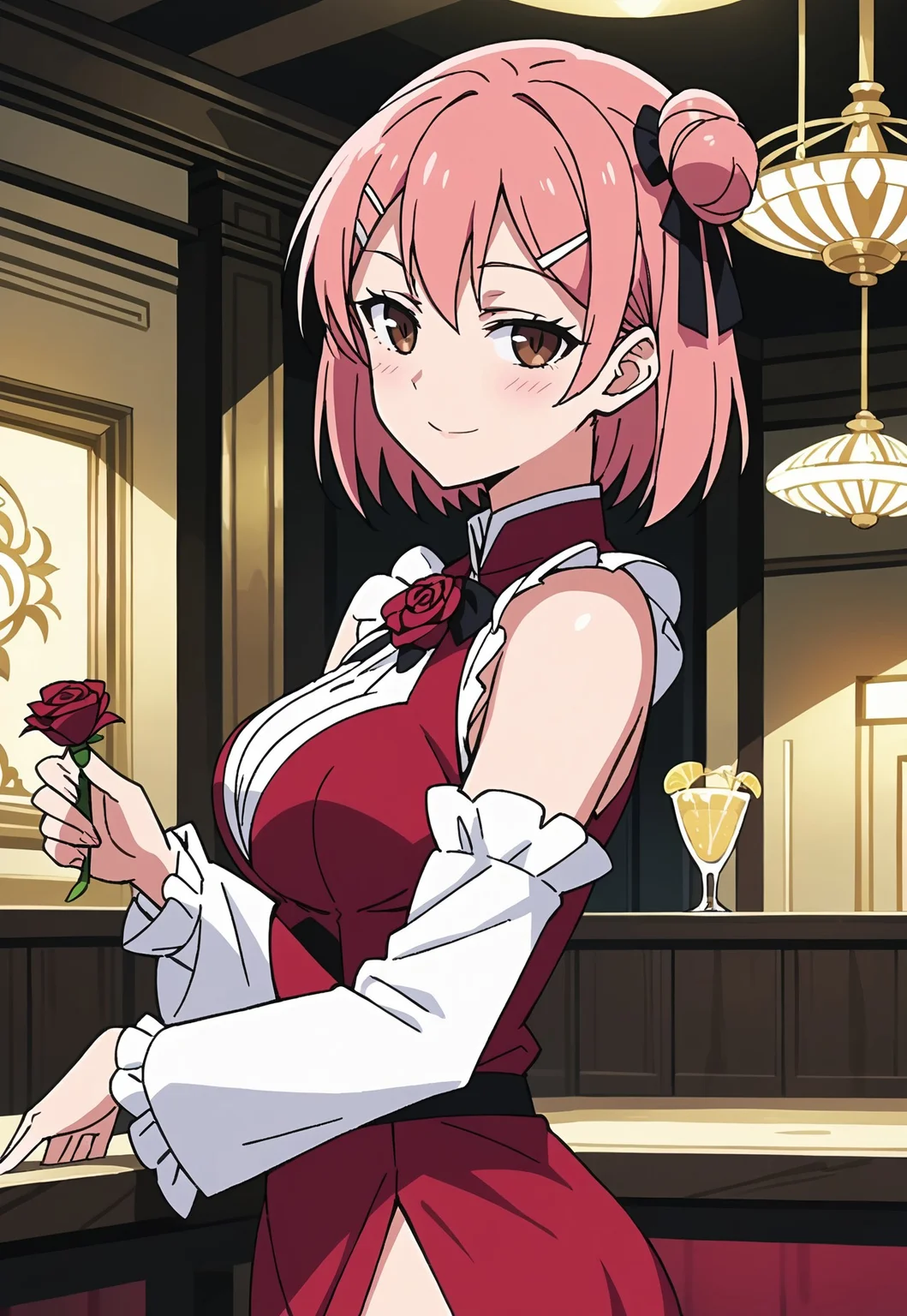safe_pos, score_9, score_8_up, score_7_up, source_anime, anime screencap,
BREAK
<lora:shiHelloV1:0.8>, 1girl, solo, shiyui, short hair, brown eyes, pink hair, single hair bun, hair ornament, hairclip,
sleeveless dress, red dress, rose, side slit, detached sleeves, frills,
seductive smile, half-closed eyes, looking at viewer,
indoors, party, chandelier,