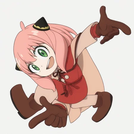 anya forger, anya (spy x family), bangs, green eyes, pink hair, ahoge, child, female child, hairpods, gloves, long sleeves, ribbon, brown gloves, capelet, robe, sonic adventure pose, looking at viewer, smile, open mouth, full body, white background