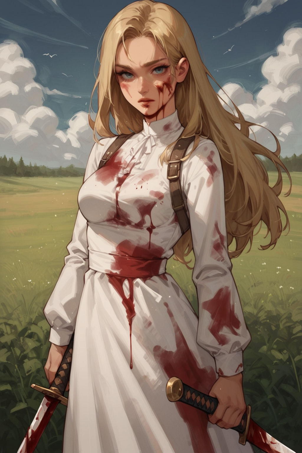 1girl, weapon, dress, long hair, solo, blonde hair, sword, blood on clothes, white dress, blood, looking at viewer, holding, holding weapon, outdoors, holding sword, standing, long sleeves, , field, sky, cloud, breasts
 <lora:RI--Mixmain:1>, zPDXL3, detailxl,