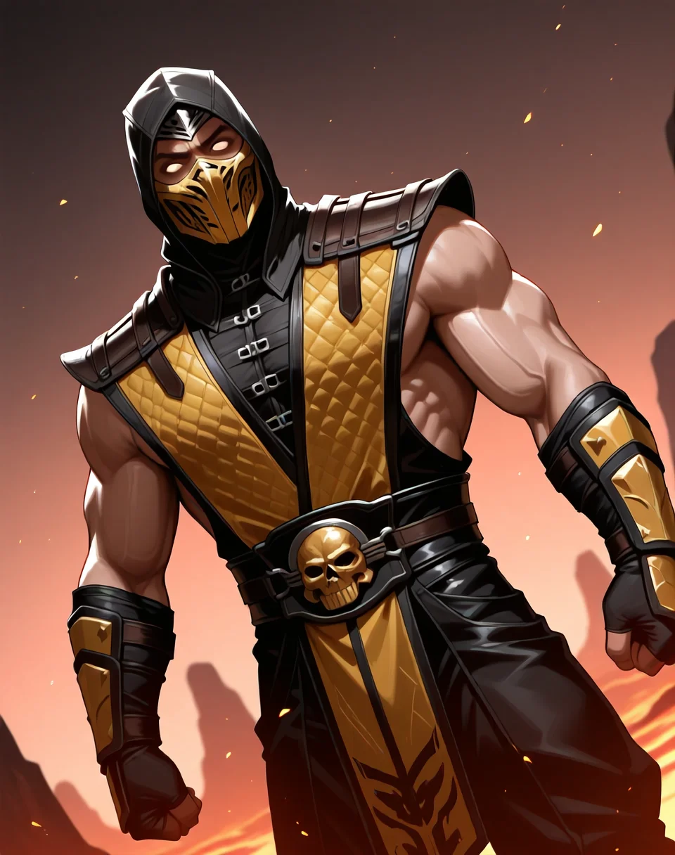 <lora:Scorpion_(Mortal_Kombat)_(Illustrious)_(AD):1> Scorpion_MK, muscular, Mortal Kombat,
dutch angle, exterior, volcanic landscape, hellish underworld,
male chest focus, gradient coloring, villain, leather ninja armor, ninja headwear,
BREAK very awe, aesthetically pleasing, masterpiece, best quality, amazing quality, very aesthetic, perfect depth of field shot, in'ei,
Smooth Quality, lazympos, IllustQualXL_Pos,