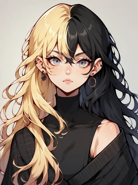 score_9, score_8_up, score_7_up, score_6_up, score_5_up, <lora:spl1th41rXLP:1> spl1th41r, two tone hair, 1girl, long hair, blonde black hair
