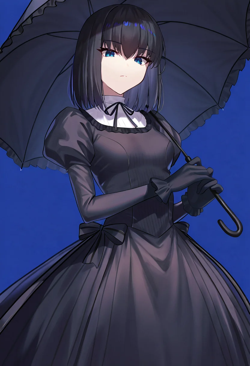 1girl, solo, kuonji alice, questionable, black hair, gloves, blue background, blue eyes, holding umbrella, looking at viewer,
masterpiece, best quality, 8k, absurdres, very aesthetic, kuonji
<lora:Kuonji_ailce:0.7>