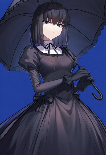 1girl, solo, kuonji alice, questionable, black hair, gloves, blue background, blue eyes, holding umbrella, looking at viewer,
masterpiece, best quality, 8k, absurdres, very aesthetic, kuonji
<lora:Kuonji_ailce:0.7>