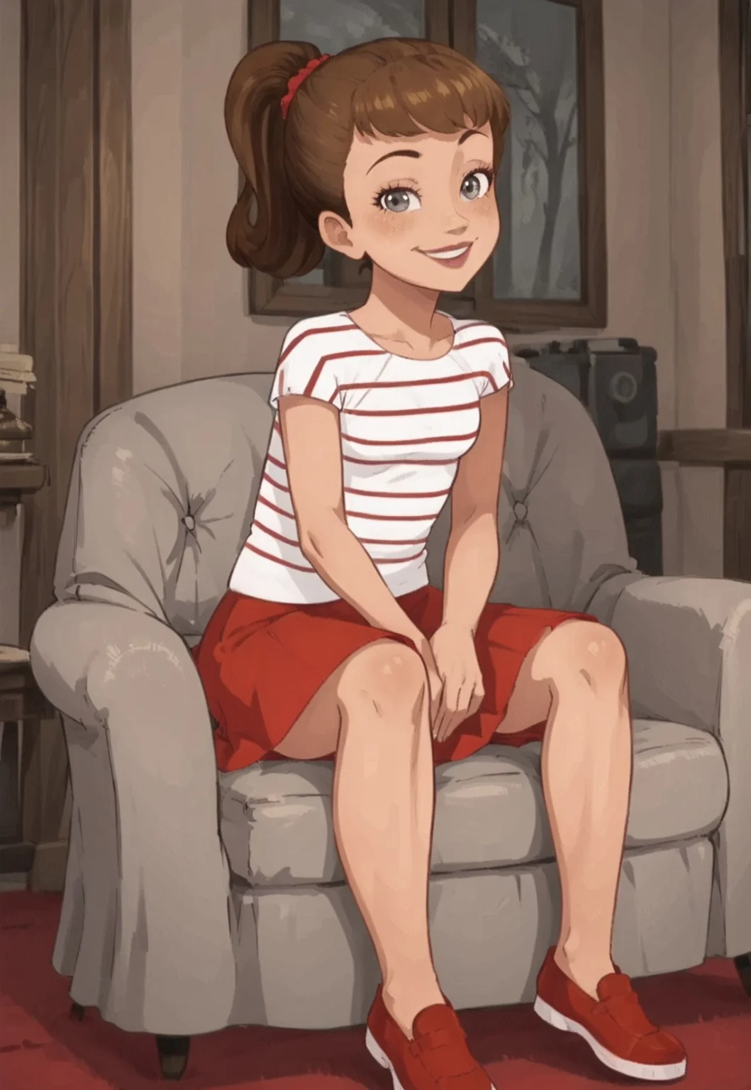 score_7, score_8, martine, 2d, animated draving, line art, 1girl, perfect hands, animated drawing, striped shirt, short hair, light brown hair, high ponytail, scrunchie, gray eyes, pink lipstick, red skirt, short skirt, red footwear, slender legs, short sleeves, red footwear, interior, sitting on armchair, looking at viewer, smirking smile, spreading legs, hands between legs, leaning forward,