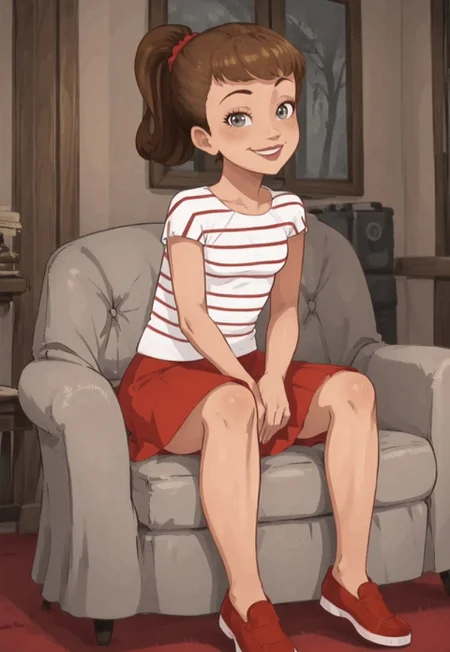 score_7, score_8, martine, 2d, animated draving, line art, 1girl, perfect hands, animated drawing, striped shirt, short hair, light brown hair, high ponytail, scrunchie, gray eyes, pink lipstick, red skirt, short skirt, red footwear, slender legs, short sleeves, red footwear, interior, sitting on armchair, looking at viewer, smirking smile, spreading legs, hands between legs, leaning forward, 