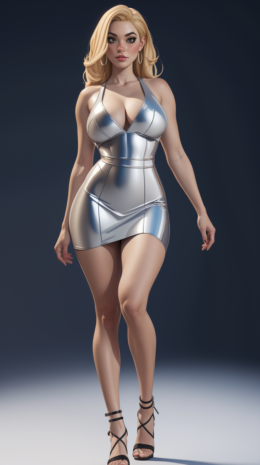 high detailed, masterpiece, 1girl as cartoon character in a silver dress and high heel uplaced sandals, blonde hair, perfect hands, big breast, wide hips, thick thighs, ultra realistic digital art, a 3D render, photorealism, runway scene,  fashion show  <lora:Ch4v3zStyle:0.8>