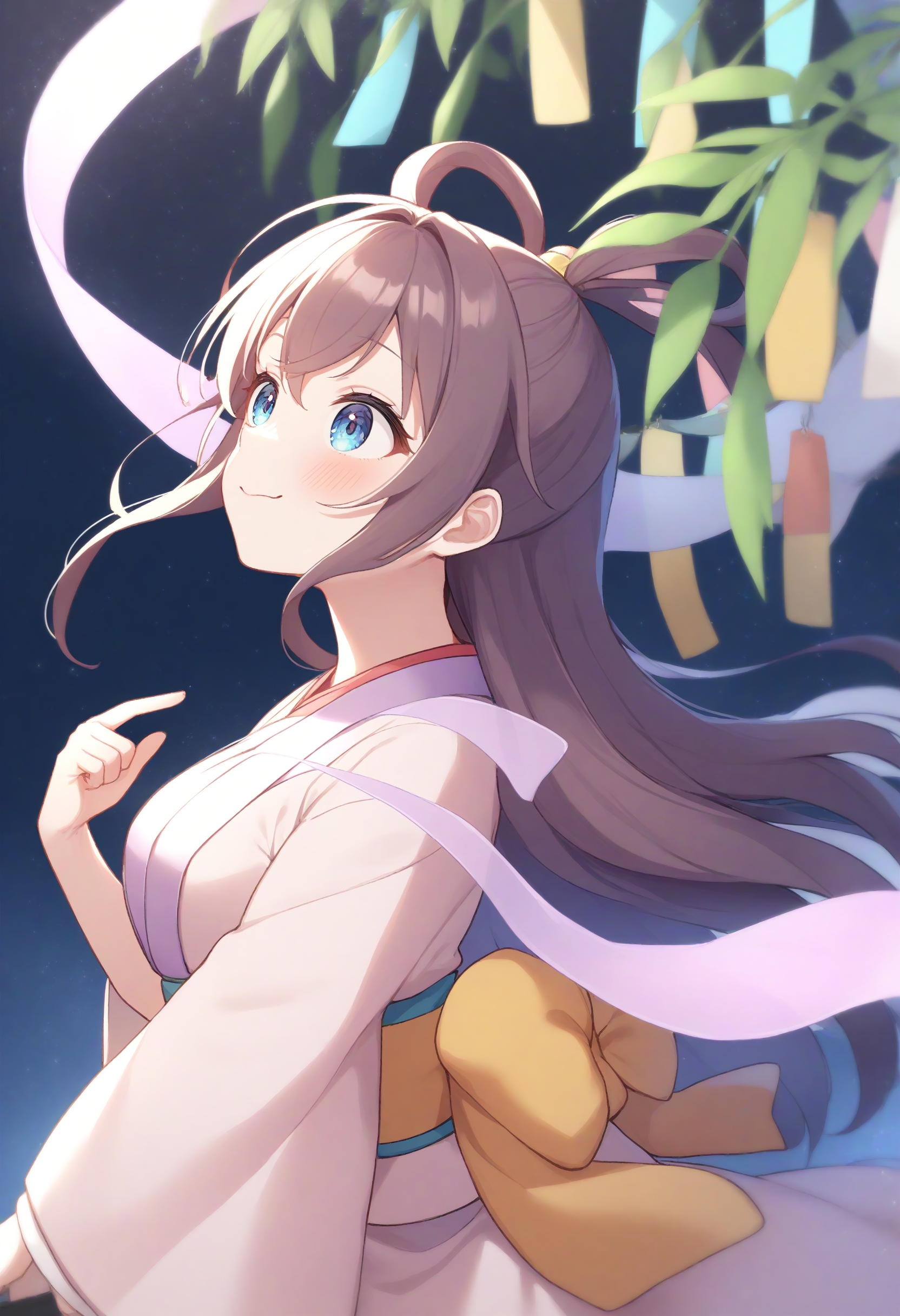 1girl,sincos, ningen mame, toosaka asagi,solo,medium breasts,
orihime, hair rings, hair ornament, shawl, japanese clothes, tanabata, hagoromo, long sleeves, wide sleeves, sash, kimono, star (sky), night,bamboo,tanzaku, <lora:orihime_XL_v1:1.0>
from side, upper body, looking up, pink hair, blue eyes,fingersmile,  closed mouth, single hair,,
best quality, very aesthetic, absurdres