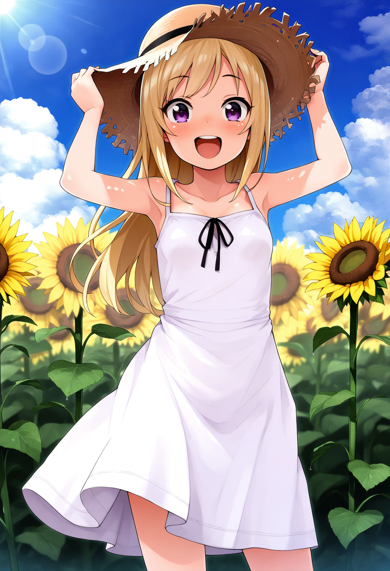 masterpiece,best quality,amazing quality,
1girl, outdoors, flower, solo, dress, hat, smile, day, sunflower, white dress, sky, looking at viewer, open mouth, sleeveless, blush, :d, cloud, purple eyes, bangs, blonde hair, straw hat, field, sleeveless dress, long hair, hands on headwear, blue sky, neck ribbon, arms up, upper teeth only, ribbon, yellow flower, black ribbon, teeth, flower field, sunlight, lens flare, sundress, standing,
 <lora:Tamagoro_epoch_8:1>