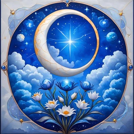 Score_9, score_8_up, score_7_up, score_6_up, BREAK <lora:ArtNouveau2Pony:1> ArsMJStyle, art nouveau,, The image shows a crescent moon surrounded by a halo of stars and clouds, framed by a border of blooming lilies and swirling mist. The background features soft shades of midnight blue and silver, evoking a serene and dreamlike atmosphere., no humans, crescent moon, stars, clouds, flower, lilies, mist, decorative border, intricate details, midnight blue, silver, celestial, ornamental, tranquil