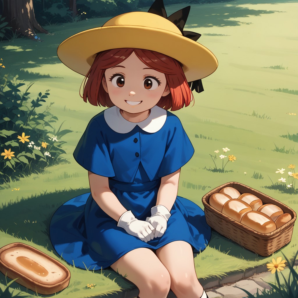 score_9, score_8, score_7, break, cute, female child, madeline_fg, hat, red hair, gloves, blue dress, grass, sitting, smile, bread, natural lighting