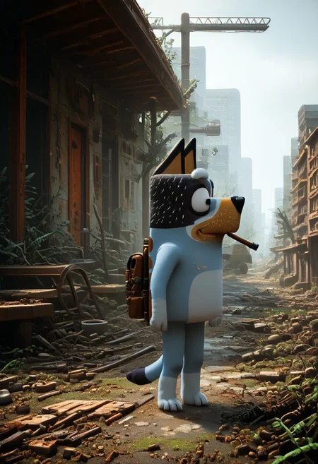 score_9, score_8_up, score_7_up, score_6_up source_anime, ruanyi0723,post-apocalypse,overgrown,moss, ((1boy, bluey style, blueyxl, boxchibi, bandit heeler, cartoon, dog, furry, white sclera, empty eyes, black eyes, half shut eyes, thick eyebrows, dog tail, dog ears, black nose, cigarette in mouth, wearing survival gear, wearing a survival backpack, holding a gun, shotgun in hand, walking on two legs, wandering on the road)), ((cautious, anger, furious, scared expression)), watching out for monsters, BREAK, realistic background, 2d character, outdoor, post-apocalypse, destroyed buildings, overcast, cloudy, realistic, overgrown post apocalyptic street, broken cars, dilapidated houses, houses covered in moss, road is damaged, A decayed ruined abandoned city full of decrepit concrete structures hollowed out by the ravages of time slowly being enveloped and overgrown by verdant foilage with grass, vines and trees cracking the remains of pavement and growing through gaps in the masonry, post apocalyptic, side view, depth of field