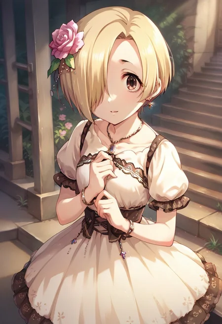 score_9, score_8_up, score_7_up, source_anime, shirasaka koume, blonde hair, hair over one eye, short hair, brown eyes, 1girl, jewelry, solo focus, hair ornament, earrings, flower, dress, hair flower, looking at viewer, bracelet