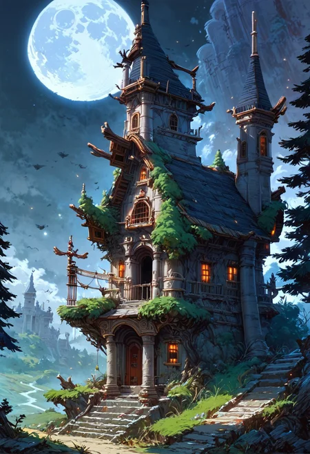 score_9, score_8_up, score_7_up, masterpiece, landscape, old forest, gnarled trees, grass, ancient houses, dilapidated buildings, shacks, witch houses, buildings, sun, epiCPhoto, long shadows, eerie, moon, bleeding moon,