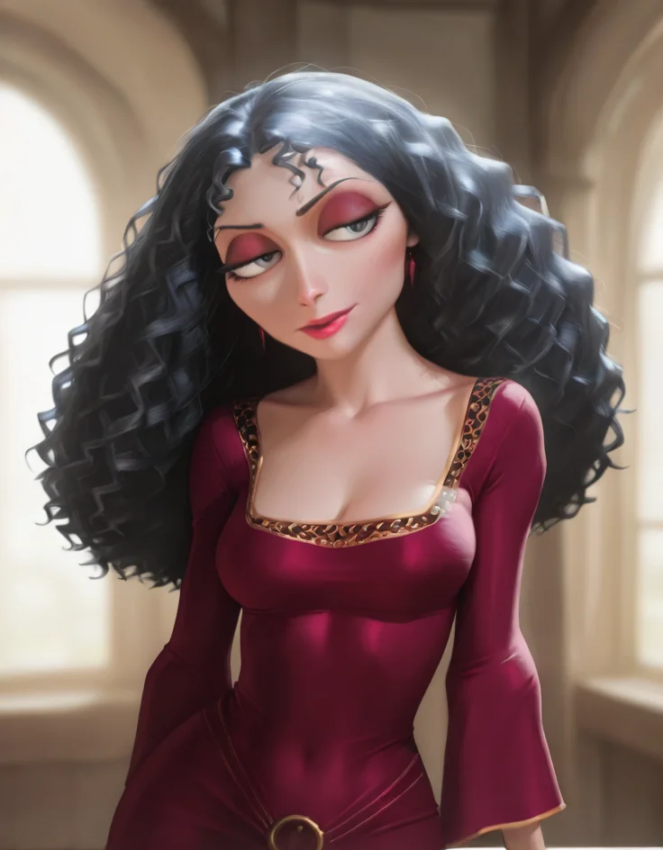 masterpiece, best quality, amazing quality, very aesthetic, absurdres, newest, detailed background, upper body, 4k, 8k,
gothelxd, 1girl, solo, curly hair, long hair, grey eyes, makeup, dress, medium breasts, loose sleeves, sexy, seductive,
<lora:Mother_Gothel_-_Disney_Illustrious:1>