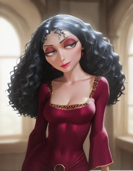 masterpiece, best quality, amazing quality, very aesthetic, absurdres,  newest, detailed background, upper body, 4k, 8k,
gothelxd, 1girl, solo, curly hair, long hair, grey eyes, makeup, dress, medium breasts, loose sleeves, sexy, seductive,
 <lora:Mother_Gothel_-_Disney_Illustrious:1>