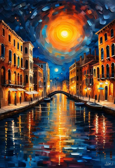Masterpiece mix of paper quilling, layered paper and painting in the style of Leonid Afremov. Highly detailed illustration of a vibrant Venice small Rii Rii canal with it's little bridges and warm lights at night with it's lined up boats, Venice Building, devoid of any human presence.