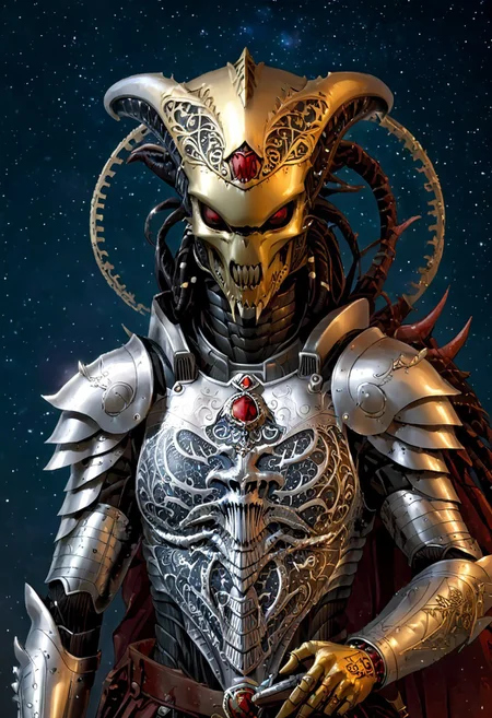 An insanely Detailed Divine Xenomorph, elfish, Golden and silver in color, cyberpunk, a crimson tinge to the golden color, Hyperdetailed, Omnipresent, Beautiful, Sinister overtones, otherworldly,((masterpiece, best quality)), fantasy, solo, 1 alien knight, silver armor chestplate with silver medieval ornaments and runes, galactic night sky background, perfect composition, sidelighting, outdoor,Ornamental armor