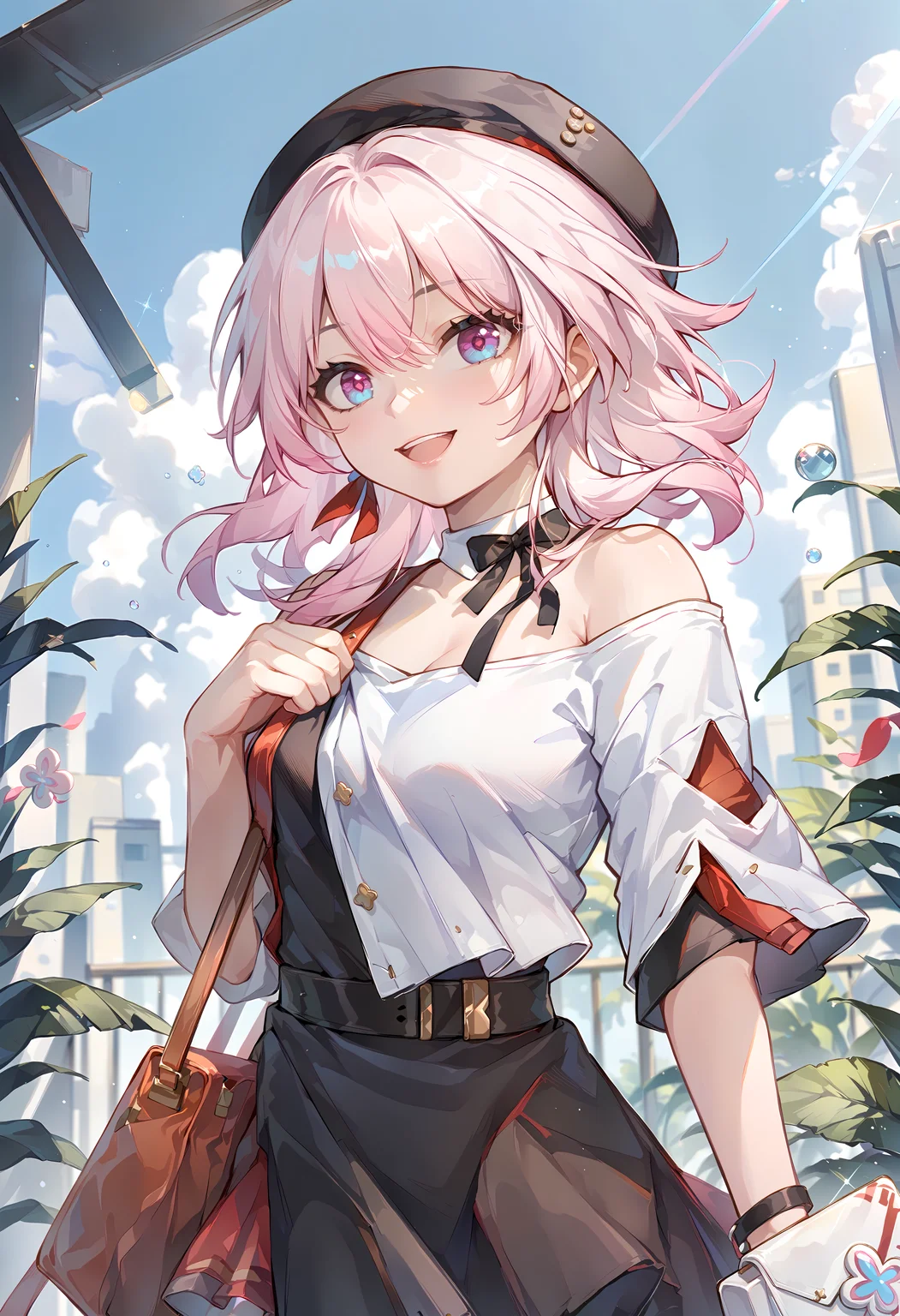 (score_9, score_8_up, score_7_up), 1girl, march7th \(kfc\), beret, off shoulder, handbag, smile, open mouth, <lora:march7th-strPO-v1AR:0.9>