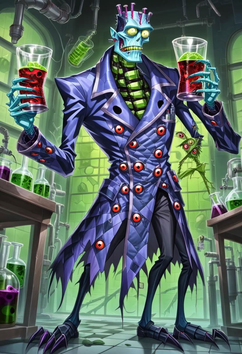 a skinny fleshmutant frankenstein's monster covered in eyes holding a beaker inside of a laboratory,patchwork creature,patchwork skin,full body,2d,anime