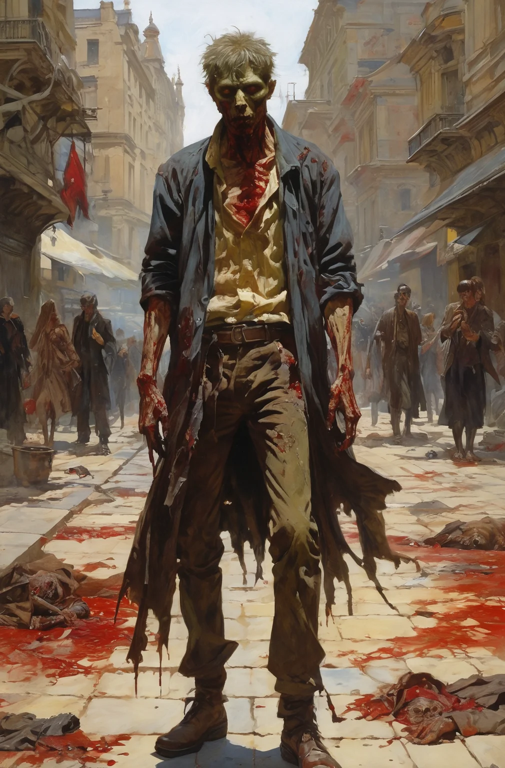 portrait full body Zombie, wandering through the city, very beautiful zombie, ripped clothes, bloody , city square, by gaston bussiere, greg rutkowski, yoji shinkawa, yoshitaka amano, tsutomu nihei, donato giancola, tim hildebrandt, oil on canvas, trending on artstation, featured on pixiv, cinematic composition, extreme detail, metahuman creator