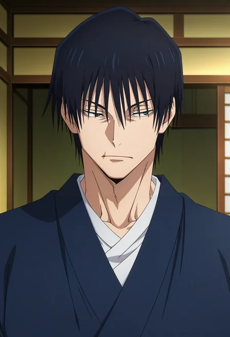 masterpiece, best quality, , anime screencap, anime coloring, official style, , 1boy, solo, male focus, <lora:touji_fushiguro_ilxl:0.94>, touji_fushiguro, black hair, black eyes, short hair, hair between eyes, bangs, , , , japanese costume