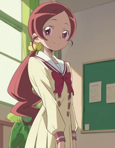 score_9, score_8_up, score_7_up,1girl,solo, anime screencap,hanasakitsubomi, 1girl, school uniform ,cowboy shot,low twintail,long hair,looking at viewer,smile,blush<lora:hanasakitsubomi:0.8>