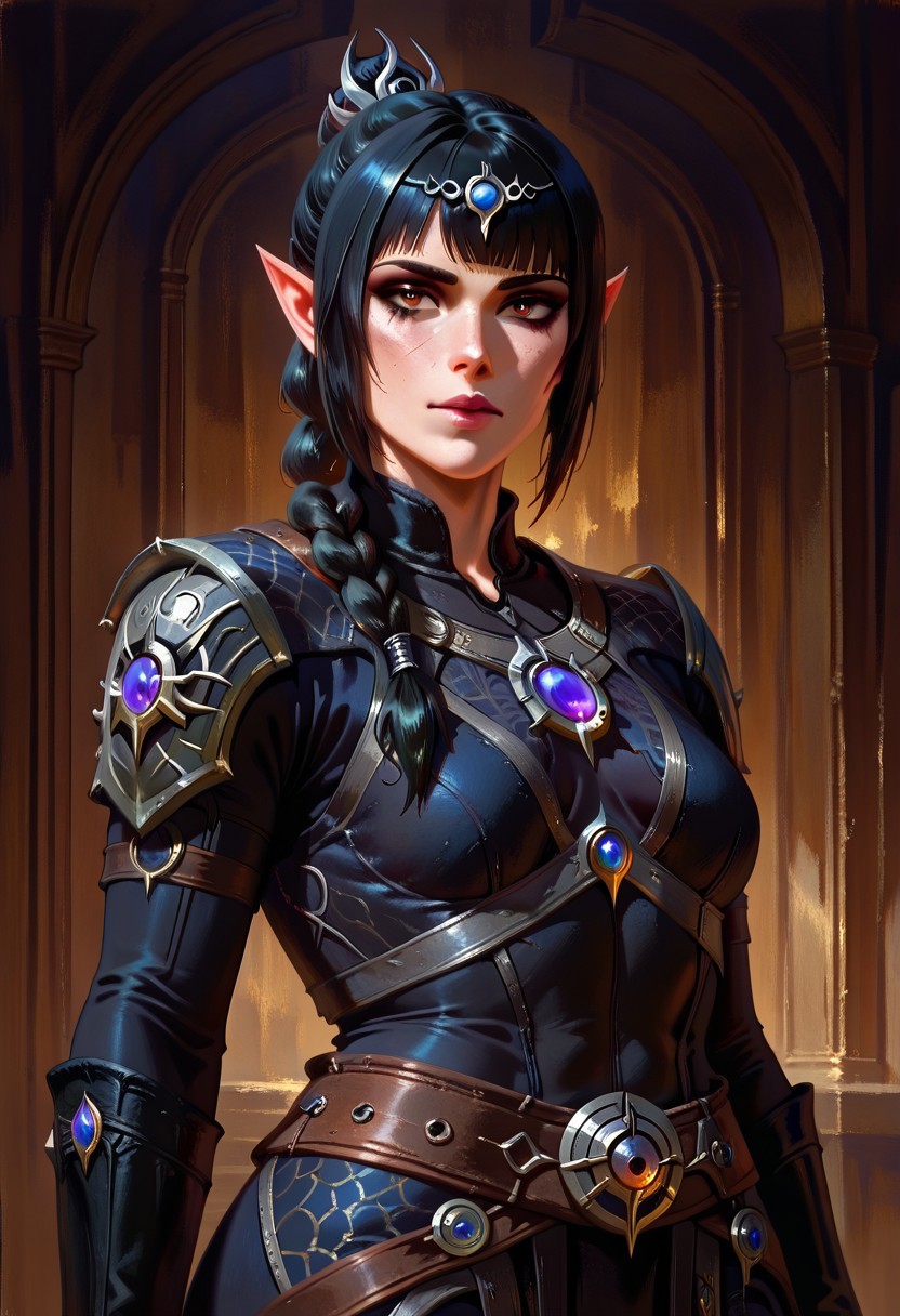 masterpiece, best quality, newest, absurdres, highres, DFOP-V2.0, oil painting, semi-realistic, 1girl, shadowheart \(baldur's gate\), long braid, elf, pointy ears, black hair, braid, side bangs,
