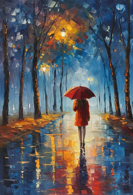 masterpiece,best quality,<lora:tbh438-sdxl:0.8>,illustration,style of Leonid Afremov
Woman with dark hair, long red winter coat, large blue umbrella walking alone on a rainy night at the Park in november.