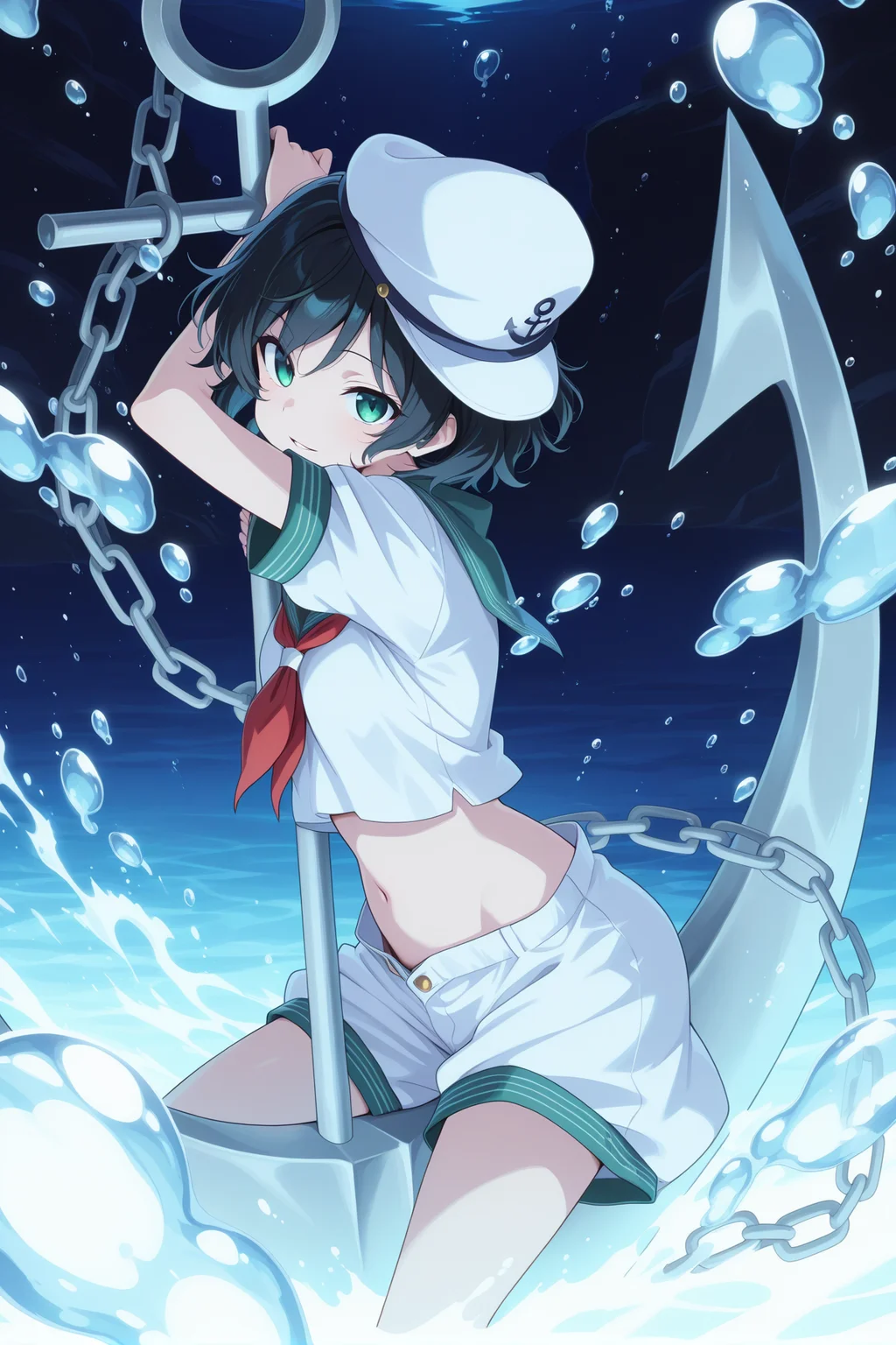 absurdres, highres, masterpiece, best quality, amazing quality, official anime artwork, screencap, anime screencap, 
<lora:Minamitsu-Murasa_Illustrious:1> murasa minamitsu, 1girl, solo, green eyes, black hair, short hair,, white hat, sailor hat, white shirt, short sleeves, green sailor colar, red neckerchief, white shorts, 
looking at viewer, light smile, parted lips, dynamic pose, underwater, bobbles, water, deep ocean, oversized anchor,