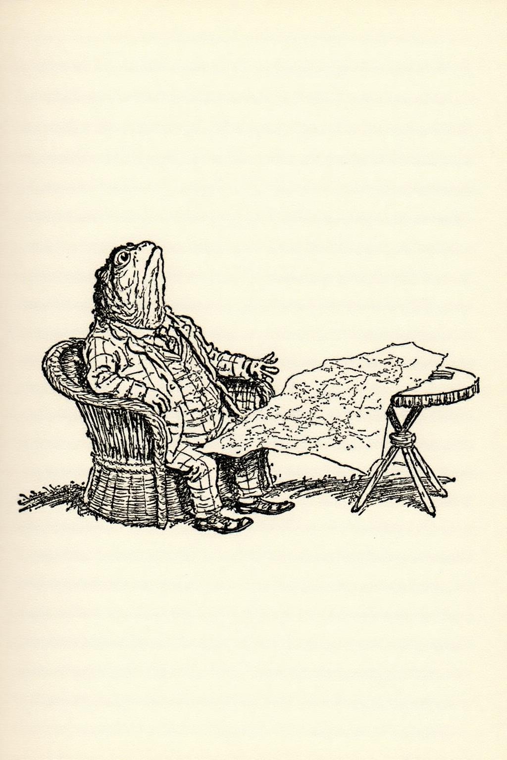 ehshep1 sketch. 
The scene depicts a anthropomorphic toad sitting in a wicker chair with a plaid pattern, dressed in a suit and tie. He is looking up in comtemplation. There is a map laid out on a small table beside him. <lora:ehshep2_cap_d6a3e12:1.0><lora:825901470906903903:0>