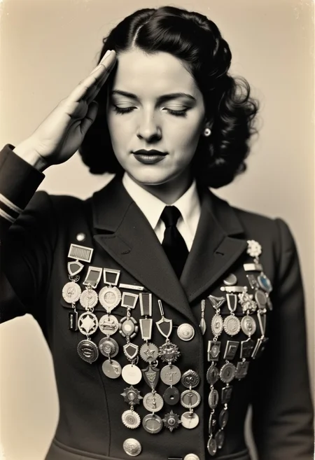 faded photograph of a saluting woman wearing Wrens 1940s uniform, the front of her uniform is adorned by many many different military medals pinned to it almost covering the entirety of the coat, hear eyes are closed and mouth closed in a proud expression barely holding back tears