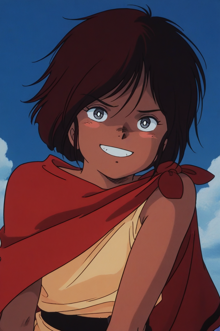 masterpiece, best quality, source_anime,official art,perfect_anatomy,1990s_\(style\),retro_artstyle,1girl,Seneca,tomboy,brown_hair,short_hair,cape,bare_shoulders,sleeveless,(detailed face,looking_at_viewer,grin),upper_body,day,blue_sky,cloud