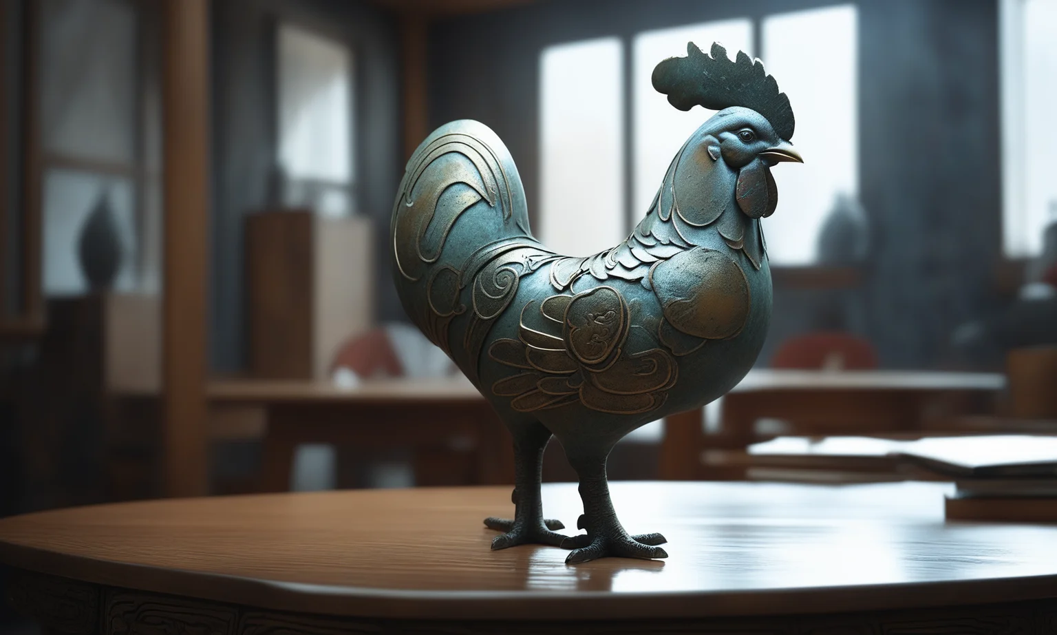 <lora:bronzecd_xl-000006:0.7>,a statue of a cock made of (bronzecd_xl,bron,cyan:0.1) in office scene,full body,miniature,tilt-shift,indoors,chinese zodiac,wooden table,cutie,cute,still life,animal statue,front view,facing viewer,looking at viewer,(Unbelievable Digital Artwork:1.3),CGSociety,ArtStation,master works, 8K, HDR, UHD, masterpiece, best quality, highly detailed, high resolution, finely detail, extremely detailed, ultra detailed, wallpaper