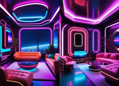 masterpiece, high quality,, a reij living room, neon color and ambient neon light <lora:reij-neonelegance:0.7>