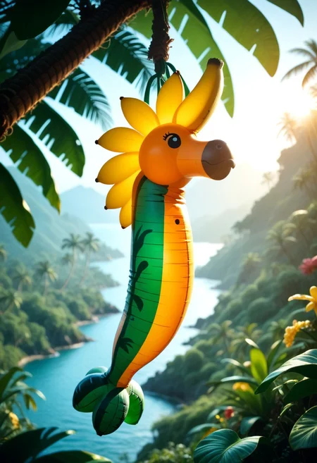 score_9, score_8_up, score_7_up, score_6_up, a single beautiful shiny plump inflatable latex banana hanging from a banana tree branch, air nozzle, visible seam, dynamic lighting, colourful soft lighting, outdoors, sunny, tropical landscape,