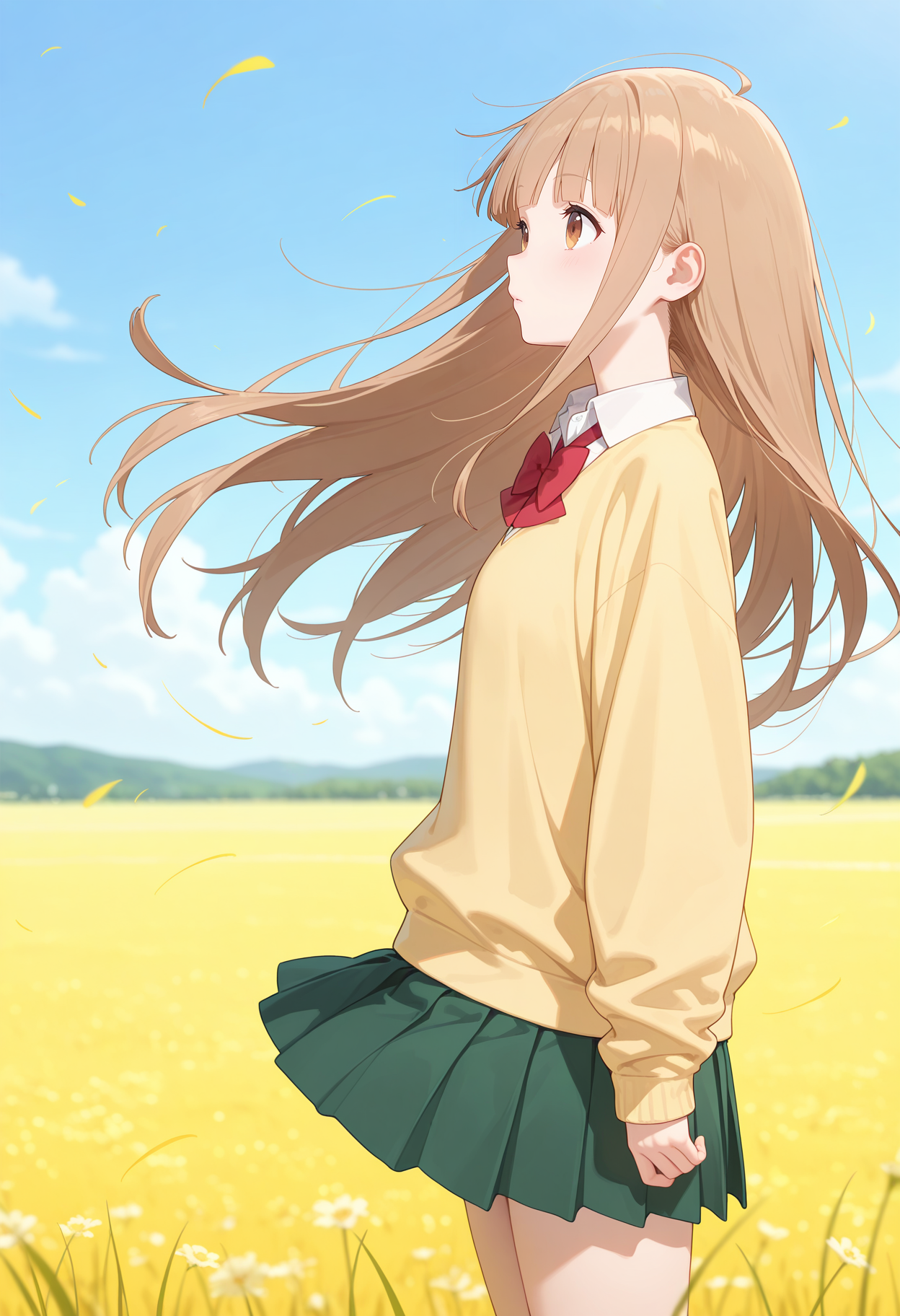 best quality, masterpiece, 1girl, aamiyano, long hair, brown hair, blunt bangs, brown eyes, school uniform, red bowtie, collared shirt, white shirt, yellow sweater, long sleeves, pleated skirt, green skirt, <lora:miyano_(tanakeda)_ilxl_v1:0.9>, solo, standing, cowboy shot, from side, field, wind, floating hair, looking at another,