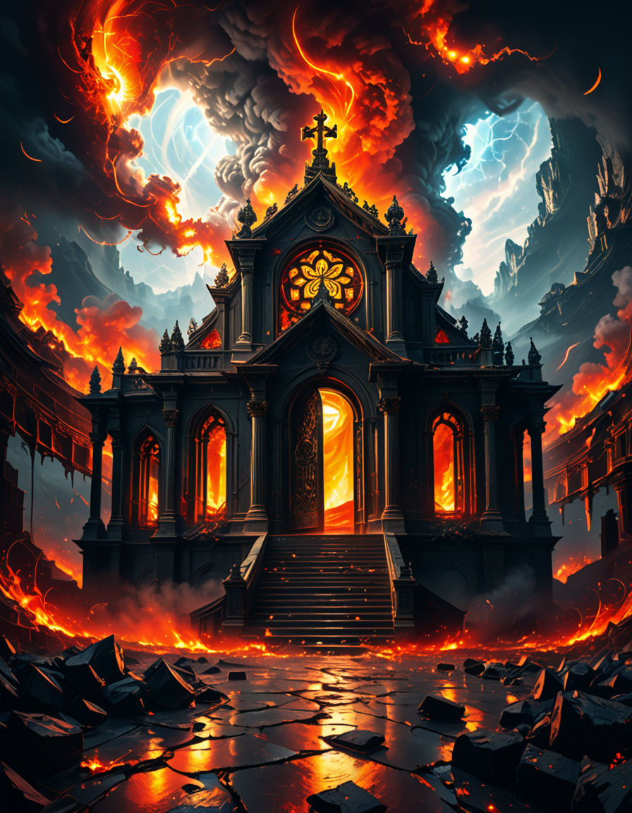 A once-majestic celestial temple, now under siege by the forces of Hell. The grand white stone structure is cracked and scorched, its golden crosses twisted and broken. The stained-glass windows, once glowing with warm divine light, are now shattered, with demonic symbols glowing ominously in their place. The sky, once a serene blue, is now consumed by dark storm clouds, swirling with red lightning and thick smoke.
Black, jagged chains extend from the sky, wrapping around the temple as if trying to pull it down into the abyss. The once-fluffy clouds beneath the structure are now a chaotic mix of fire, ash, and dark mist, with glimpses of molten lava cracks below. Infernal creatures with glowing red eyes lurk in the shadows, their silhouettes barely visible through the smoke and fire.
The temple doors are blown open, revealing an eerie red glow emanating from within, as if Hell itself is consuming the sacred space. Massive demonic runes are etched into the stone, pulsating with an unholy energy. The entire scene is bathed in a deep crimson and orange glow, giving it an apocalyptic and nightmarish atmosphere.
Style & Lighting:
- Dark fantasy, highly detailed
- Dramatic, high-contrast lighting with fiery glows
- Cinematic composition, epic scale
- Strong use of shadows, embers, and atmospheric foghighly detailed and atmospheric view from inside a massive birdcage, large enough for a human to stand inside. The cage is made of ornate, aged metal bars with intricate Victorian-style patterns, curving elegantly towards the domed ceiling. Sunlight filters through the gaps between the bars, casting long, dramatic shadows on the wooden floor. Delicate vines and small flowers have begun to grow around the bars, adding a touch of nature reclaiming the space. The background beyond the cage is blurred, hinting at a lush garden or a mysterious, abandoned mansion. The ambiance is serene yet slightly melancholic, with warm golden light illuminating dust particles floating in the air. Soft feathers are scattered on the floor, adding to the sense of quiet abandonment. The perspective makes the viewer feel as if they are inside the cage, looking outward, surrounded by both beauty and confinement. The style is highly detailed and realistic, with a cinematic and slightly surreal atmosphere.
<lora:SDXLFaeTastic2400:0.4> <lora:extremely_detailed:0.4> extremely detailed,evil celestial t3mpl3, <lora:evil_celestial_t3mpl3-p:1>, Masterpiece,best quality,hi res,8k,hi res,8k,award winning,(sharp focus, intricate, highly detailed),
