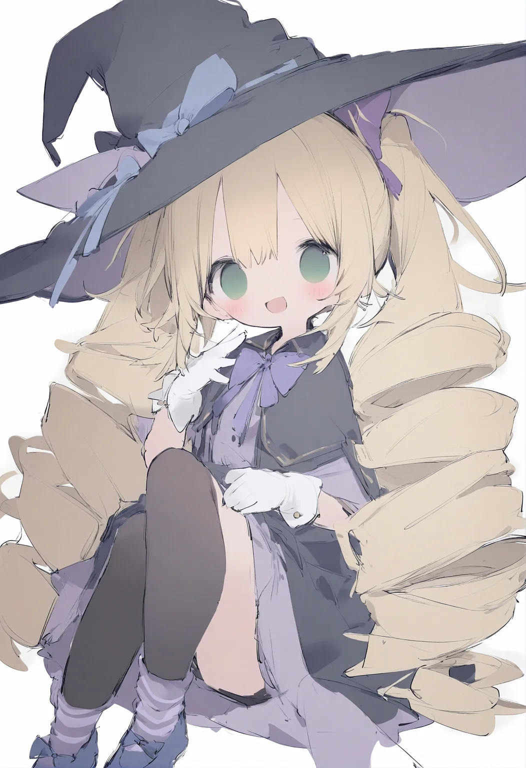1girl,
nanmokaken,
knee up, gloves, striped clothes, white gloves, socks, no nose, hair bow, very long hair, witch, bow, :d, twin drills, black legwear, purple bow, smile, striped socks, ribbon, wavy hair, hat bow, sketch, black hat, solo, blue bow, hat ribbon, sitting, sidelocks, shoes, green eyes, hat, blush, blonde hair, open mouth, blue ribbon, looking at viewer, long hair, blue footwear, witch hat, drill hair, ponytail,
masterpiece, best quality, newest, safe
<lora:nanmokaken_image36_2024-03-28_a31-000045:1>