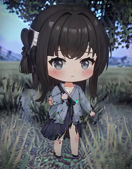 score_9,score_8_up,score_7_up,score_6_up BREAK official art,solo,outdoors,looking at viewer,facing viewer,blush,chibi,Mansui,long hair,black hair,bandaged head,hair bow,sidelocks,bangs,grey eyes,mole under eye,collarbone,grey dress,torn dress,black bow,long sleeves,bandaged leg,black footwear,<lora:Mansui-Chibi(rthltlmd)-Pony:1.4>,