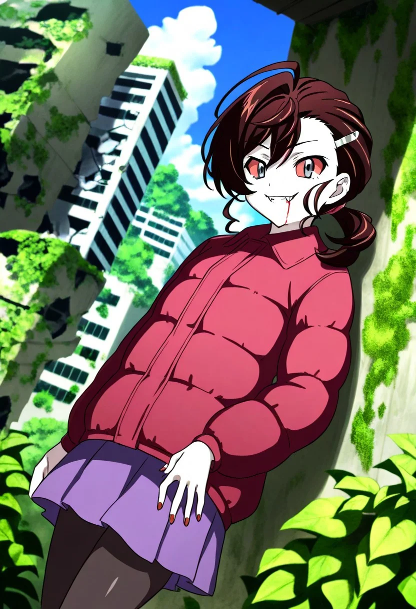1girl,Inuyama Mana,GeGeGe no Kitarou,year 2019,(solo),(broken glass, peeled walls,jungle, city,city center, building,moss, ivy:1.4),( blue sky, cumulonimbus),(collapsed town,broken town, deserted town,roots crawling on walls),(outdoor),(rubble,ruins:1.3),cowboy shot,1 hair tie,(fangs:1.2),pale skin,smirk,(lavenderblush skirt:1.2),crimson (Down jacket:1.3),(Placket jacket:1.3),(red sclera:1.5),red fingernails,blood dripping from mouth,(single hair intake:1.5),wavy hair,swept bangs and (hair pulled back:1.2),hair between eyes,(low ponytail),Ahoge,(Brown:1.5) medium hair,sideburns,pantyhose,1 silver hairpin,grey eyes,masterpiece, best quality, very aesthetic, absurdres