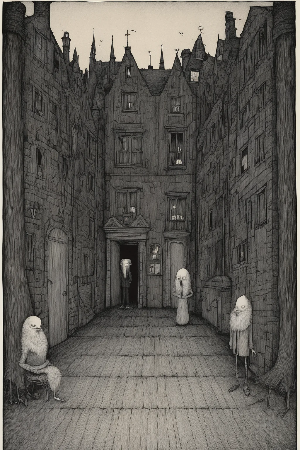 John Kenn Mortensen Style - In Edward Gorey style, transitory liminal space between limbo and hell.