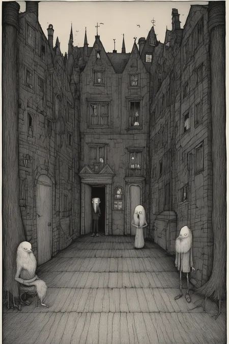 John Kenn Mortensen Style - In Edward Gorey style, transitory liminal space between limbo and hell.