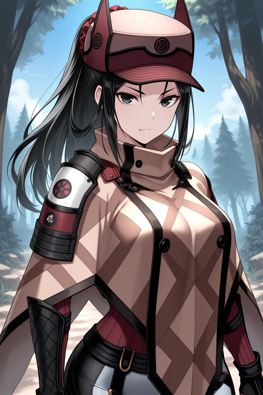 masterpiece, best quality, 1girl, solo, <lora:vckai-illu-nvwls-v1-000006:1> vckai, black hair, long hair, black eyes, ponytail, red scrunchie, light brown headwear, cap, light brown poncho, black gloves, fingerless gloves, vambraces, tight pants, upper body, looking at viewer, serious, smirk, blue sky, forest