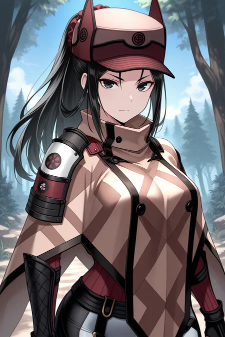 masterpiece, best quality, 1girl, solo, <lora:vckai-illu-nvwls-v1-000006:1> vckai, black hair, long hair, black eyes, ponytail, red scrunchie, light brown headwear, cap, light brown poncho, black gloves, fingerless gloves, vambraces, tight pants, upper body, looking at viewer, serious, smirk, blue sky, forest