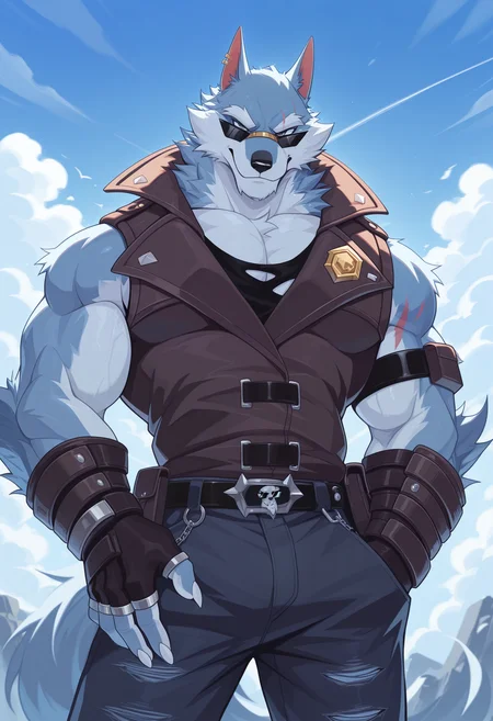 masterpiece, best quality, amazing quality, solo, 1boy, FreddyDL, Sunglasses, vest, pants, fingerless gloves