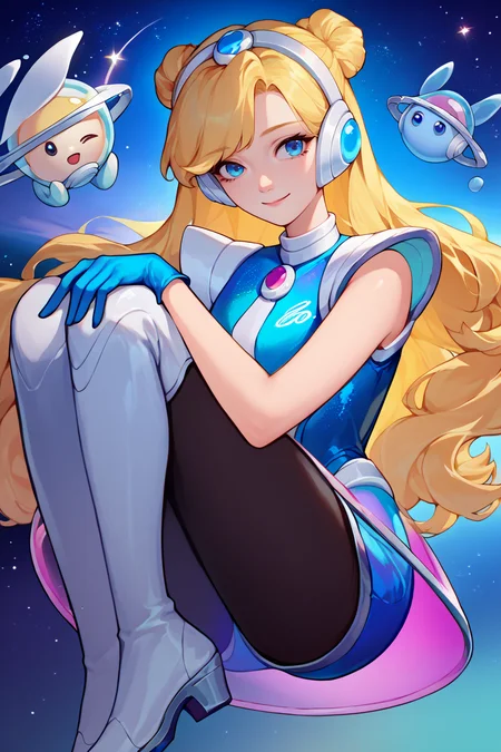 score_9, score_8_up, score_7_up, score_6_up, source_anime, 1girl, solo, <lora:lux-pdxl-nvwls-v1-000005:1> spclux, blonde hair, blue eyes, hair buns, headphones, blue leotard, blue gloves, see-through skirt, blue shorts, thigh boots, fetal position, outer space, looking at you, holding own knees, smile