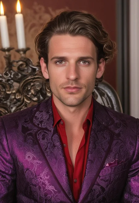 30yo English man, in lavish throne room,
Small eyes. Brown eyes.
Wearing dark purple brocade suit with red highlights, wearing a silver circlet, no makeup. Clear skin. realistic skin style
wavy short hair. No makeup. Dusk, fire light. Looking at camera POV. Slight smile, tilting head. Tilt head. face, lips.
cowboy shot