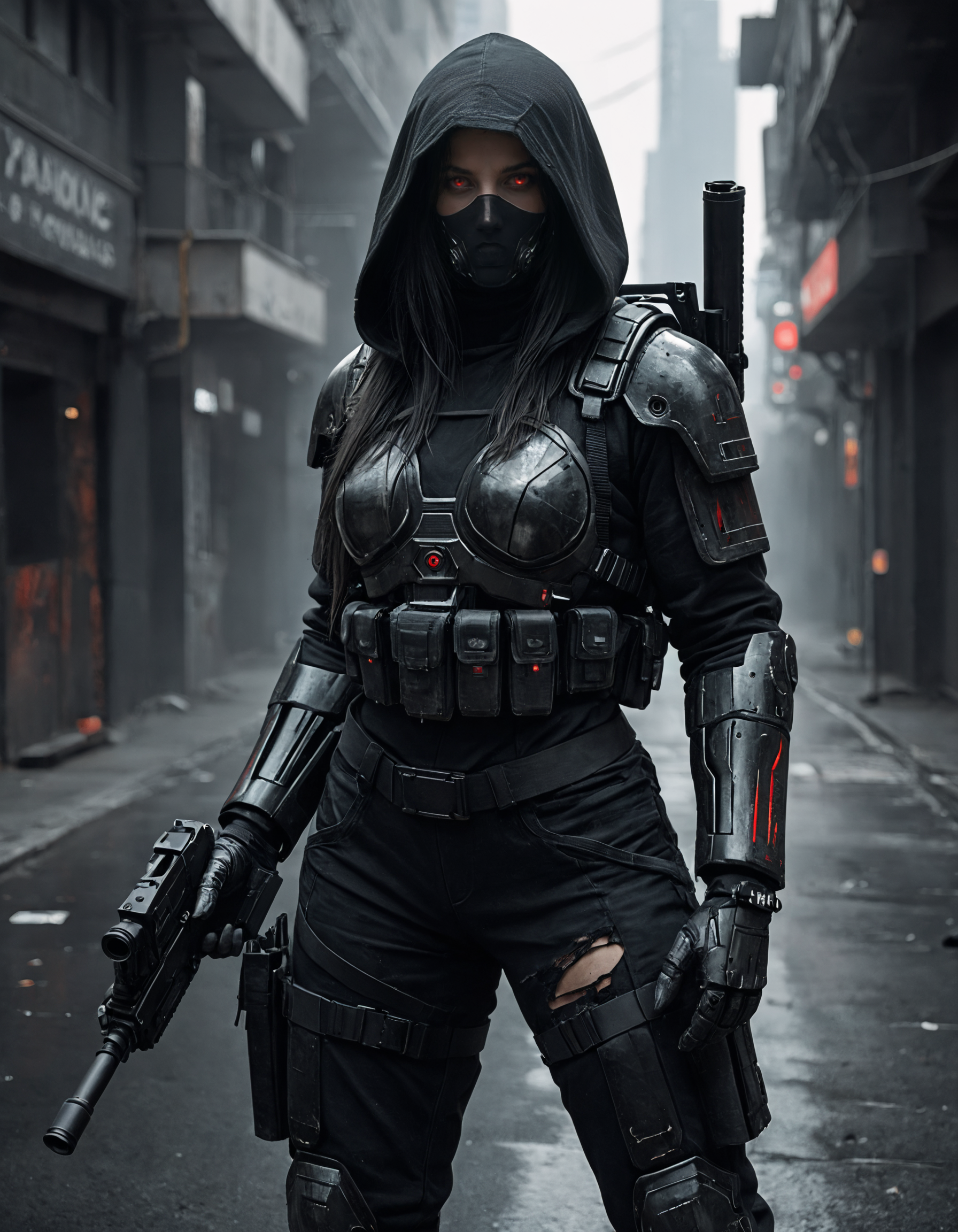 thick lineart, sharp edges, clear focus, A black and white sketch of an enigmatic woman with red eyes, dressed in dark armor and carrying two machine guns. Her long hair is tied back by a hood that covers her face completely. She stands tall against the backdrop of war-torn urban landscapes, creating a dramatic contrast between light and shadow. The style reflects cyberpunk aesthetics, with bold brush strokes adding intensity to the expressionism in the style of the artist.